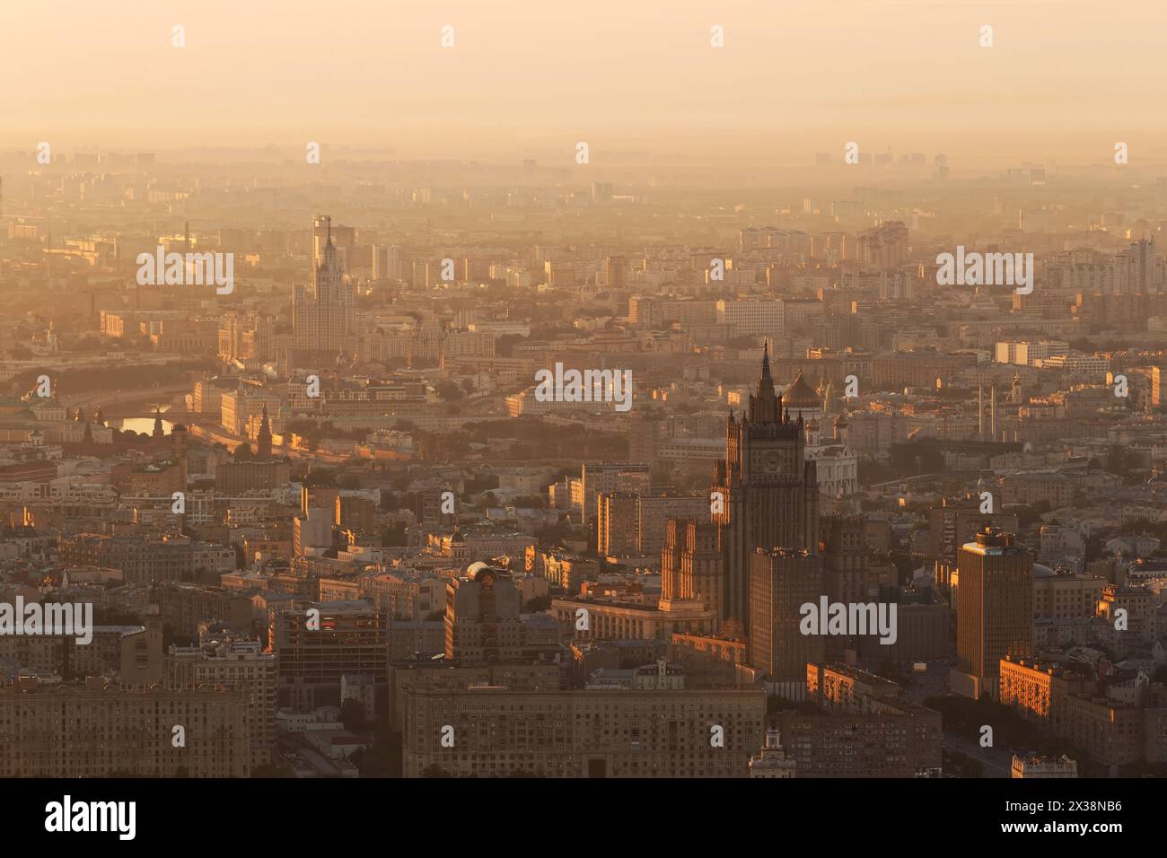 Panorama with Stalin skyscrapers (MID, house on Kotelnicheskaya quay) during sunrise in Moscow, Russia Stock Photo