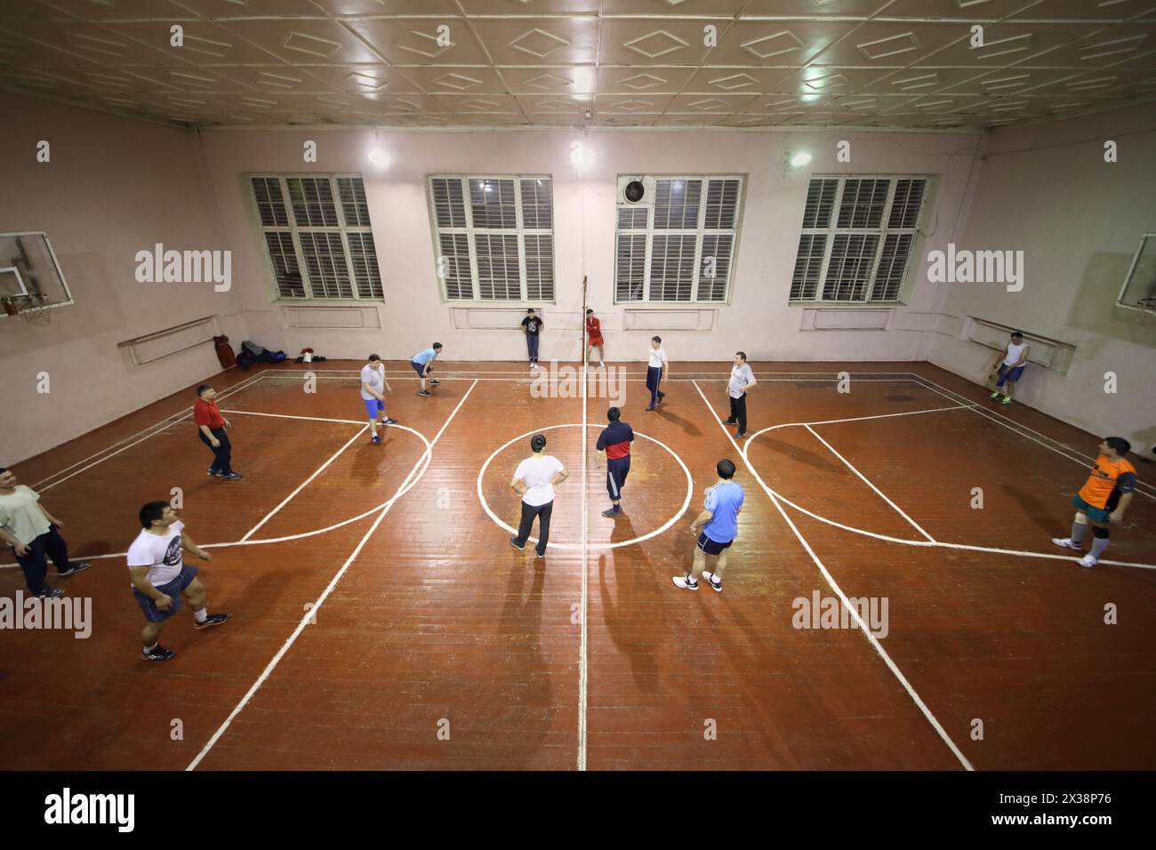 MOSCOW - FEB 9, 2017: People play volleyball in gym in Dobrynya boxing club Stock Photo