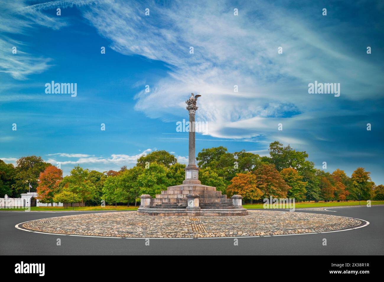 The Phoenix Monument in Phoenix Park, Dublin City, Ireland is near the entrance to the American ambassador's residence Stock Photo