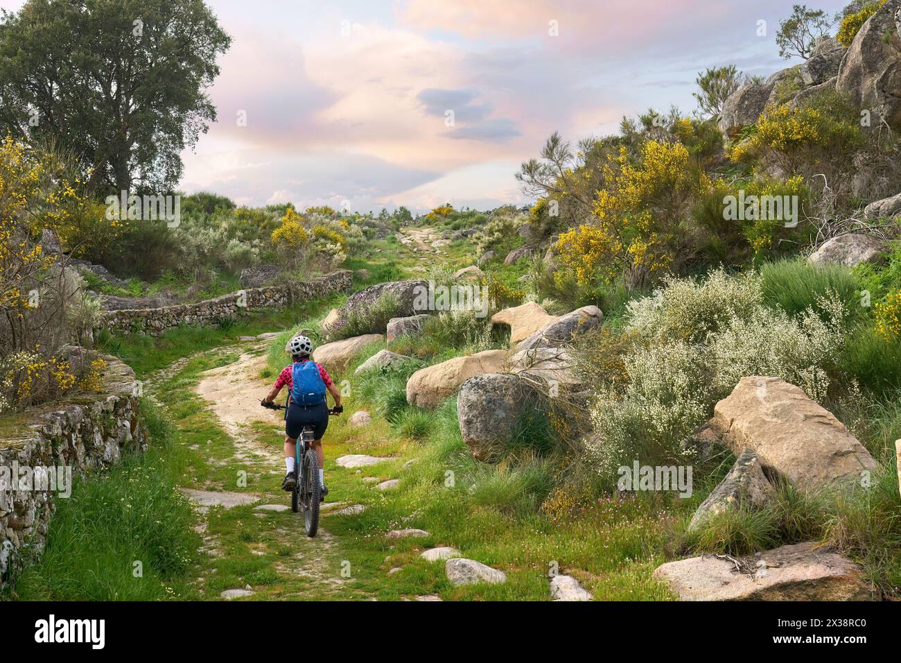 active senior woman cycling with her electric mountain bike in the rough landscape of National Parc Serra de São Mamede near Marvao central Portugal Stock Photo