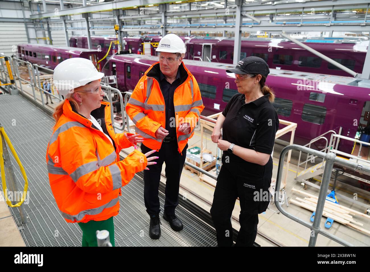 Labour leader Sir Keir Starmer and shadow transport secretary Louise Haigh during a visit to the Hitachi rail manufacturing plant in Newton Aycliffe, County Durham, to announce Labour's plan to fix Britain's broken railways and put passengers first. Picture date: Thursday April 25, 2024. Stock Photo