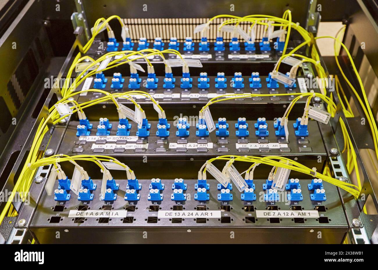 fiber optic connections, Data Processing Center, Department of Computer Servers in raks, Hospital Donostia, San Sebastian, Gipuzkoa, Basque Country, S Stock Photo