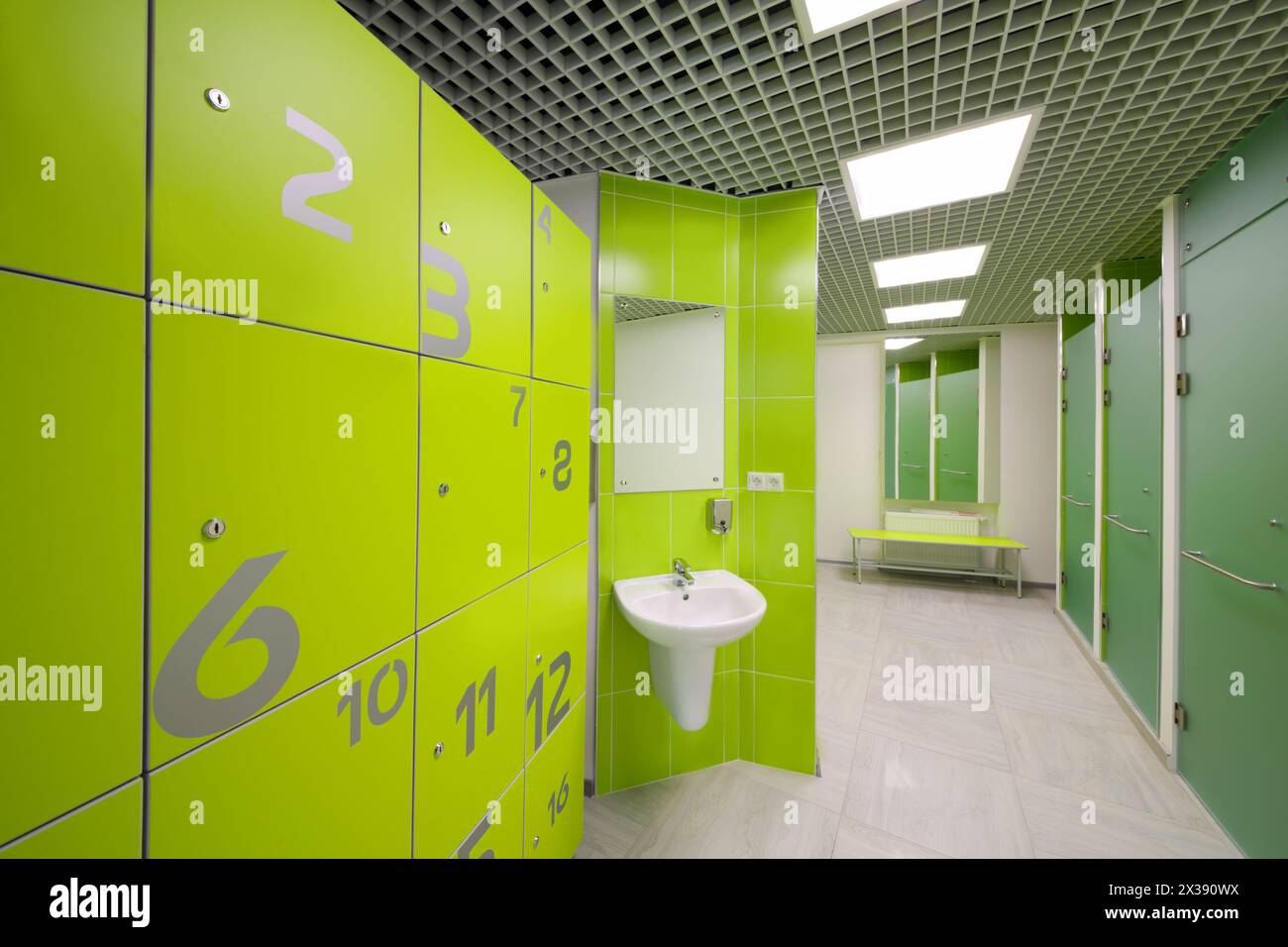 Empty modern cloakroom, sink and Shower cabins in gym with lockers and mirror Stock Photo