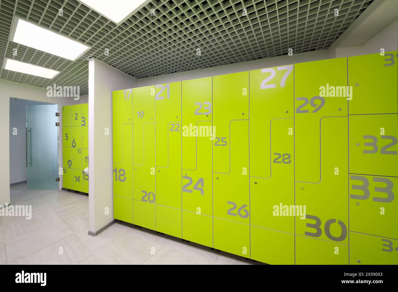 Empty bright modern cloakroom in gym with many green lockers Stock Photo