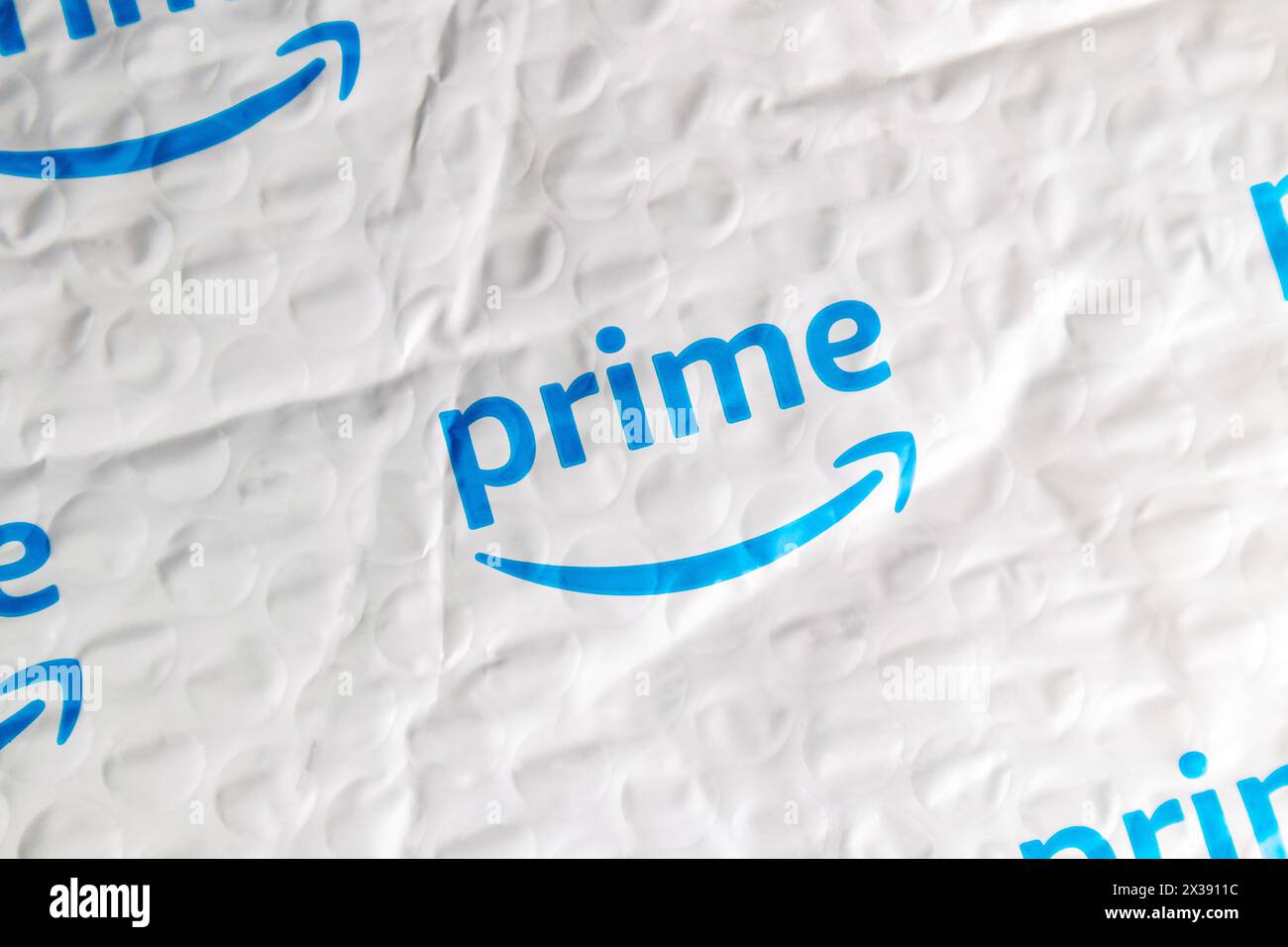 Amazon bubble package with the Amazon logo close up Stock Photo