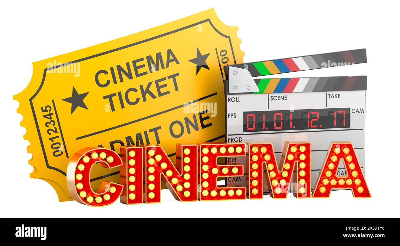 Cinema tickets with clapperboard and cinema signboard from golden light bulb letters, 3D rendering isolated on white background Stock Photo