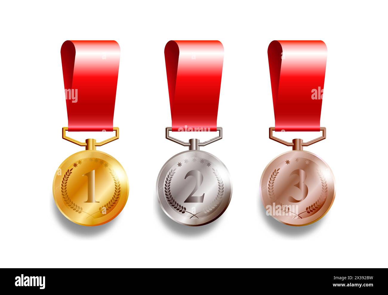 Set Of 3 Realistic Medals, Gold, Silver And Bronze With Red Ribbons ...