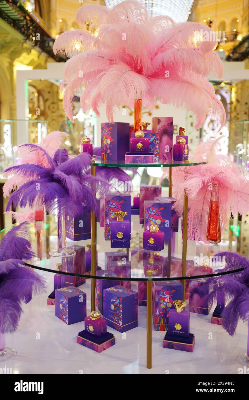 MOSCOW - JUL 17, 2016: Amouage perfume in Main Department Store (GUM). East trading house Amuazh appeared in 1983 in Oman, with the assistance of Prin Stock Photo