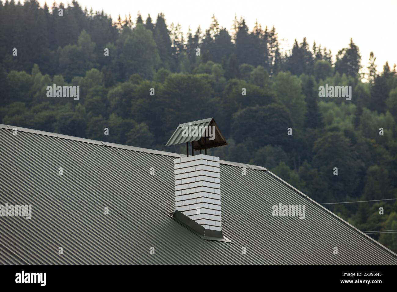 roof covered with metal tiles, roofing, wooden house. Stock Photo