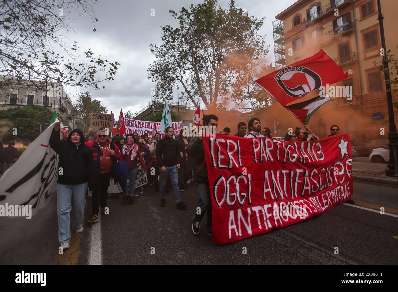 Hundreds antifascist people in Palermo during the celebration to remember April 25th, Liberation Day. Stock Photo