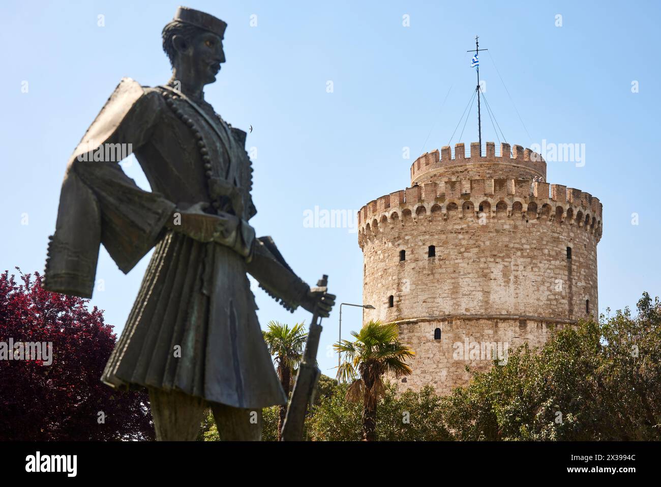 Thessaloniki, greek city region of Macedonia in northern Greece Pavlos Melas Monument and White Tower landmark Stock Photo