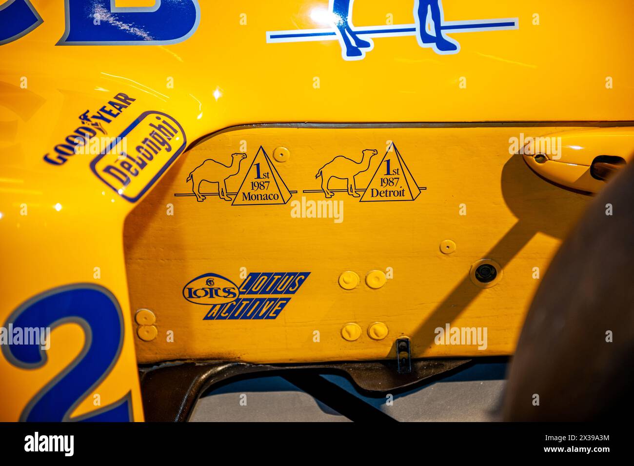 04/23/2024 Turin (Italy) A detail of the side of the Lotus Honda with which Ayrton Senna won the Monaco F1 GP Stock Photo