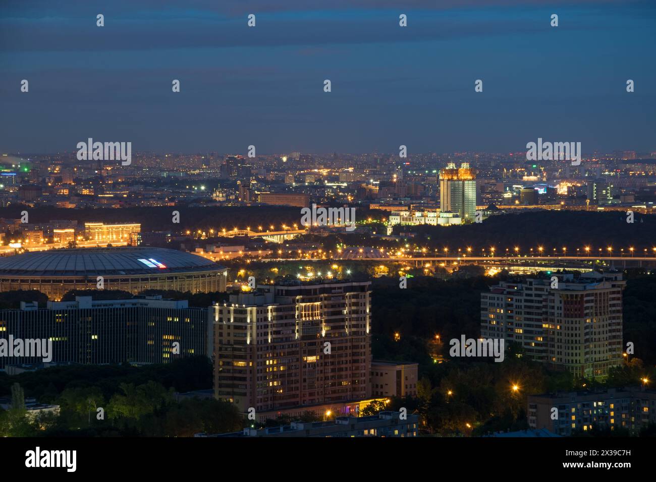 Russian Academy of Sciences, Luzhniki stadium at night in Moscow, Russia Stock Photo