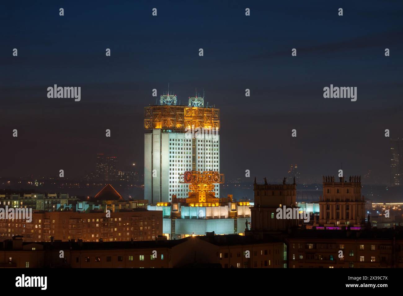 Russian Academy of Sciences at night and roofs of buildings, Moscow, Russia Stock Photo