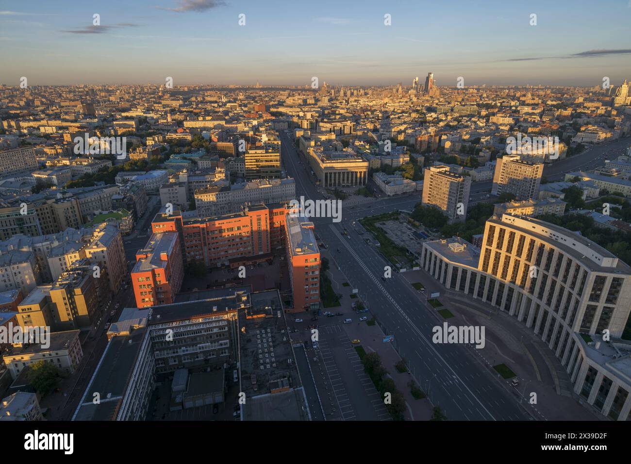 View from Business Center Domnikov to Sakharov avenue during sunrise in Moscow, Russia Stock Photo