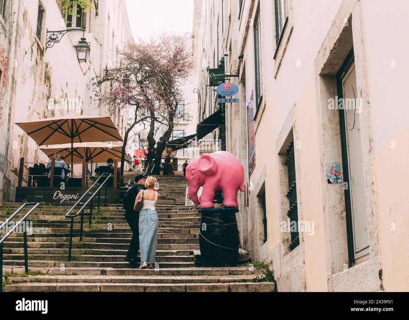 Lisbon, Lissabon, 22.03.2024: Travelpictures Lisbon, a pink elefant on a aircase. Stock Photo