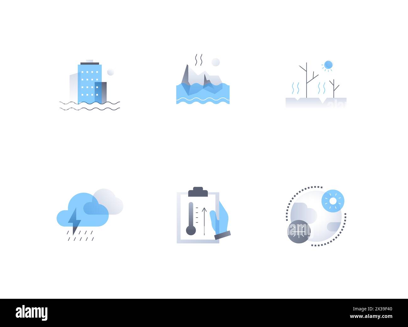 Ecological disasters - flat design style icons set. High quality colorful images of flooding in the city, melting glaciers, desertification, drought, Stock Vector