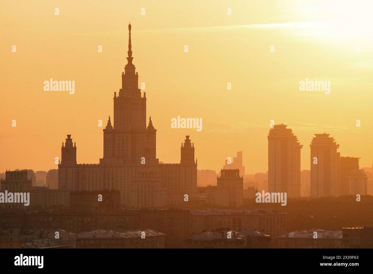 Sunrise in warm day over Moscow. Moscow Satte University, Russia Stock Photo