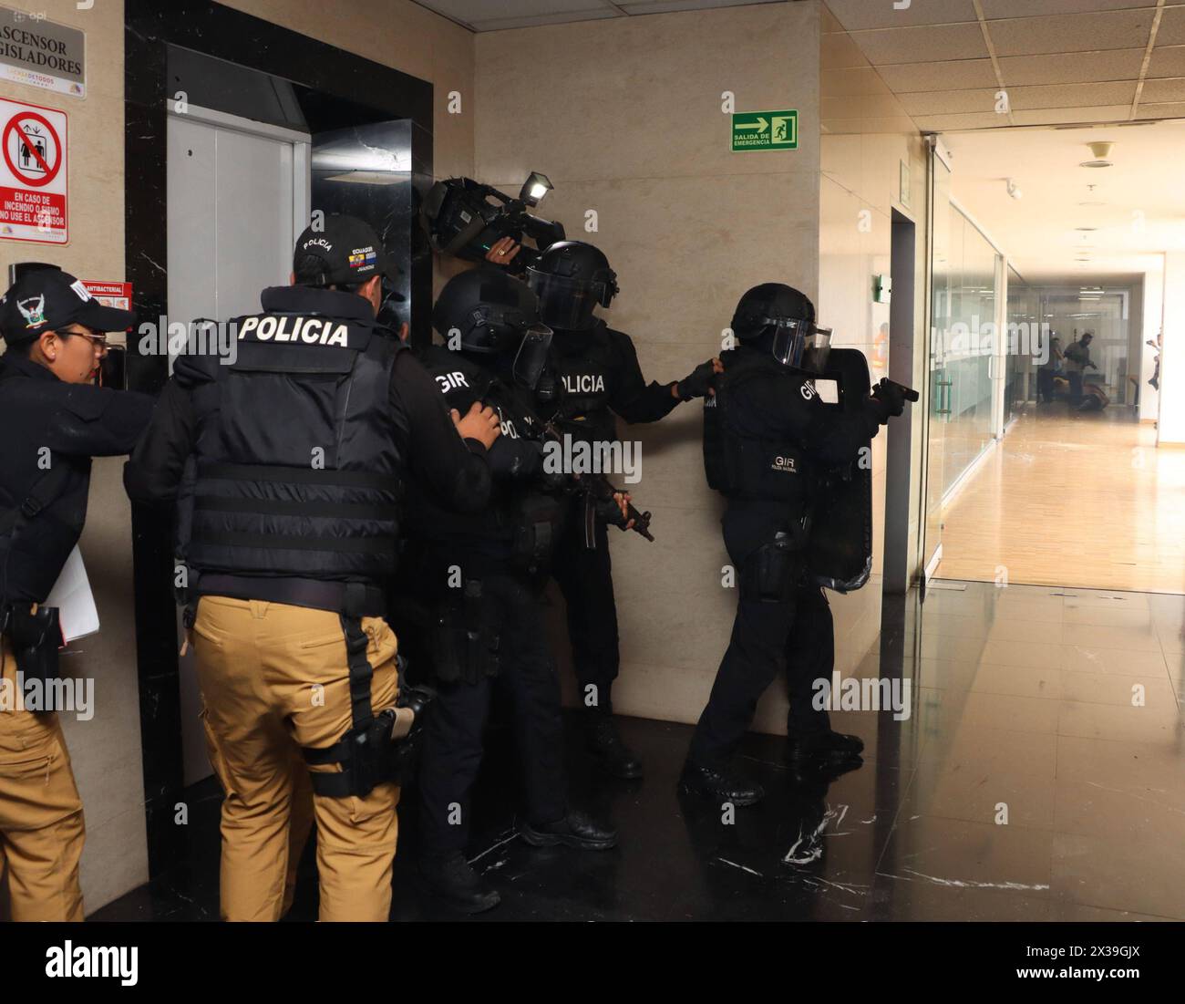 ASAMBLEA-SIMULACRO-ATENTADOS Quito, jueves 25 de abril del 2024 Similacro de atentados terroristas en contra de funcionarios y Asambleistas,en la Asamblea Nacional, Edificio del Palacio Legislativo y sus alrededores. Fotos:Rolando Enriquez/API Quito Pichincha Ecuador POL-ASAMBLEA-SIMULACRO-ATENTADOS-fd86297697881d07a87e6e51210d22ed *** ASAMBLEA SIMULACRO SIMULACRO ATENTADOS Quito, Thursday, April 25, 2024 Simulation of terrorist attacks against officials and Assembly Members, in the National Assembly, Legislative Palace Building and its surroundings Photos Rolando Enriquez API Quito Pichincha Stock Photo