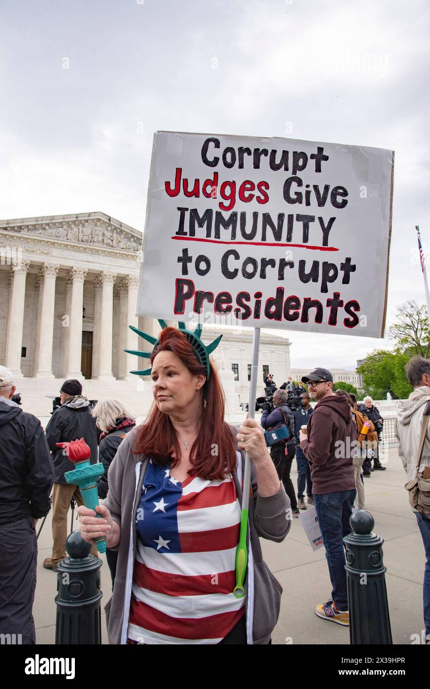Washington DC April 25,2024, USA: Supporters  against former President Donald Trump gather at the US Supreme Court as the Supreme Court  Justices hear Stock Photo