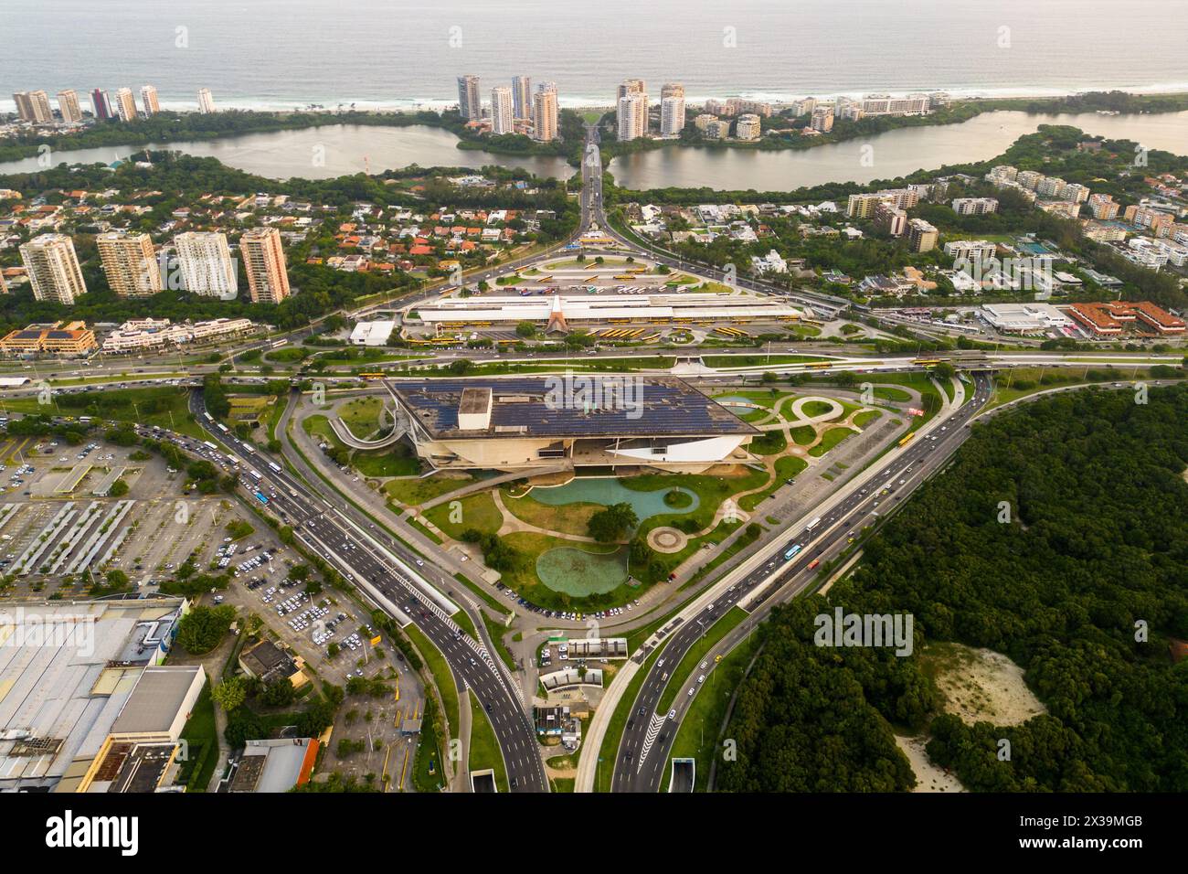 Aerial View of Barra da Tijuca District With Alvorada Bus Terminal, Cidade das Artes Cultural Complex and Ocean in the Horizon in Rio de Janeiro Stock Photo