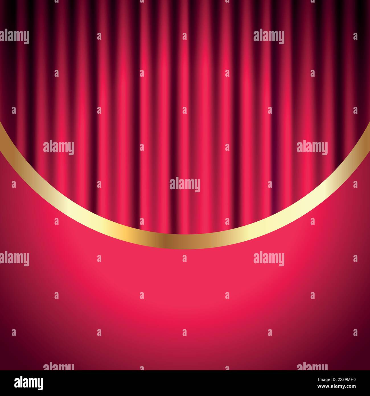 Red curtain on stage background with golden frame. Velvet stage curtain in theater scene or cinema. Vector illustration Stock Vector