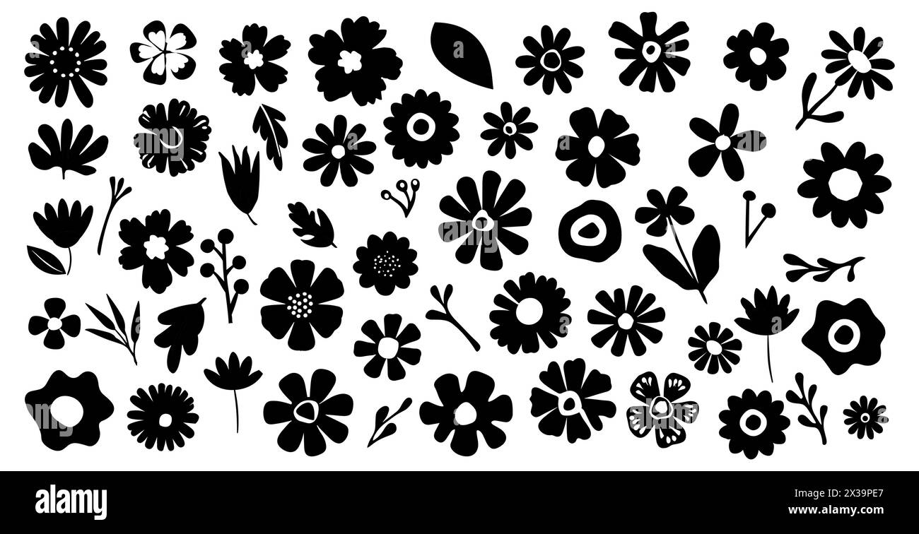 Set of flower and leaves silhouettes. Hand drawn floral design elements, icons, shapes. Wild and garden flowers, leaves black and white outline illust Stock Vector