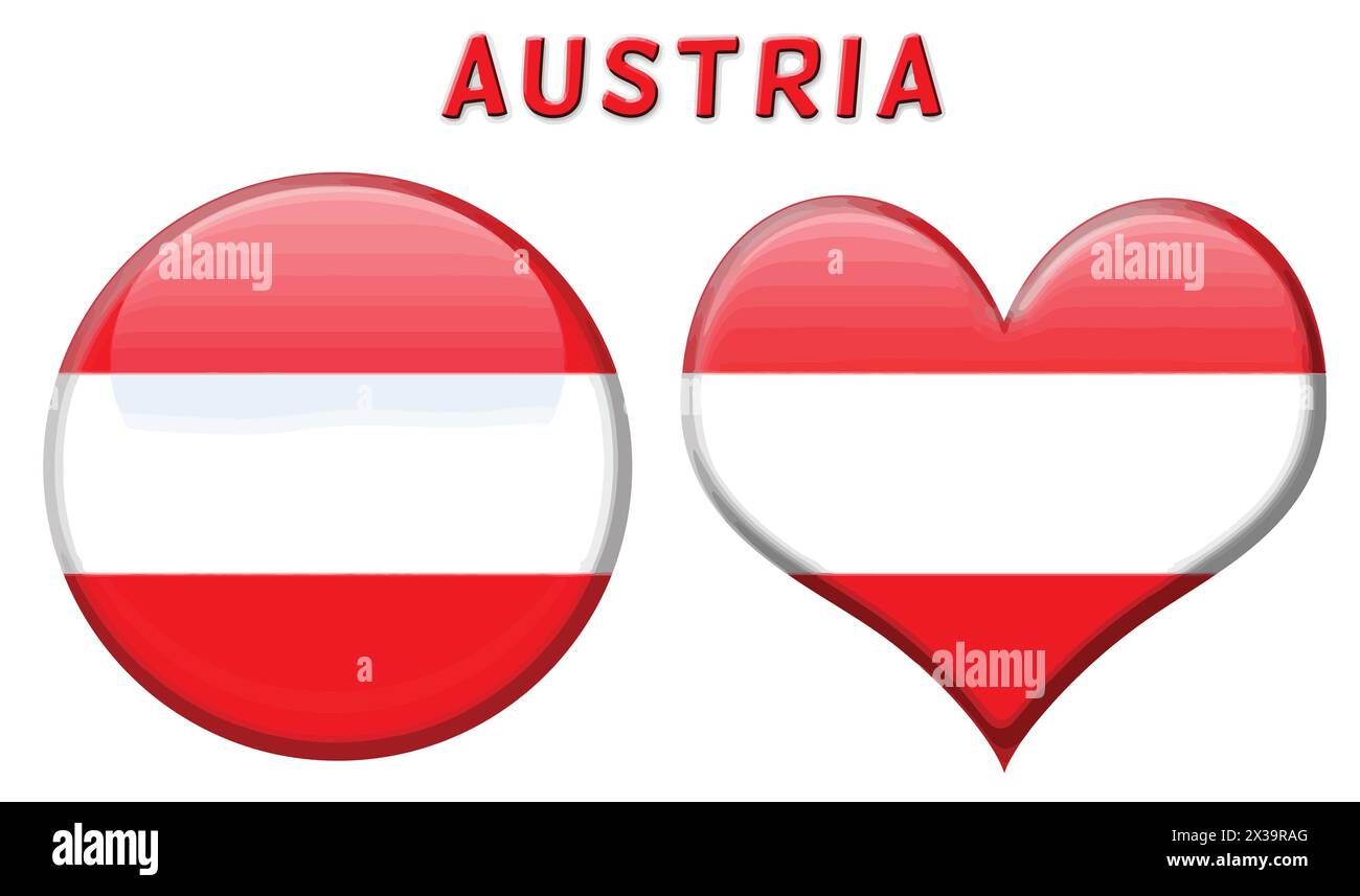 Austrian flag in rounded and heart shape buttons, vector illustration Stock Vector