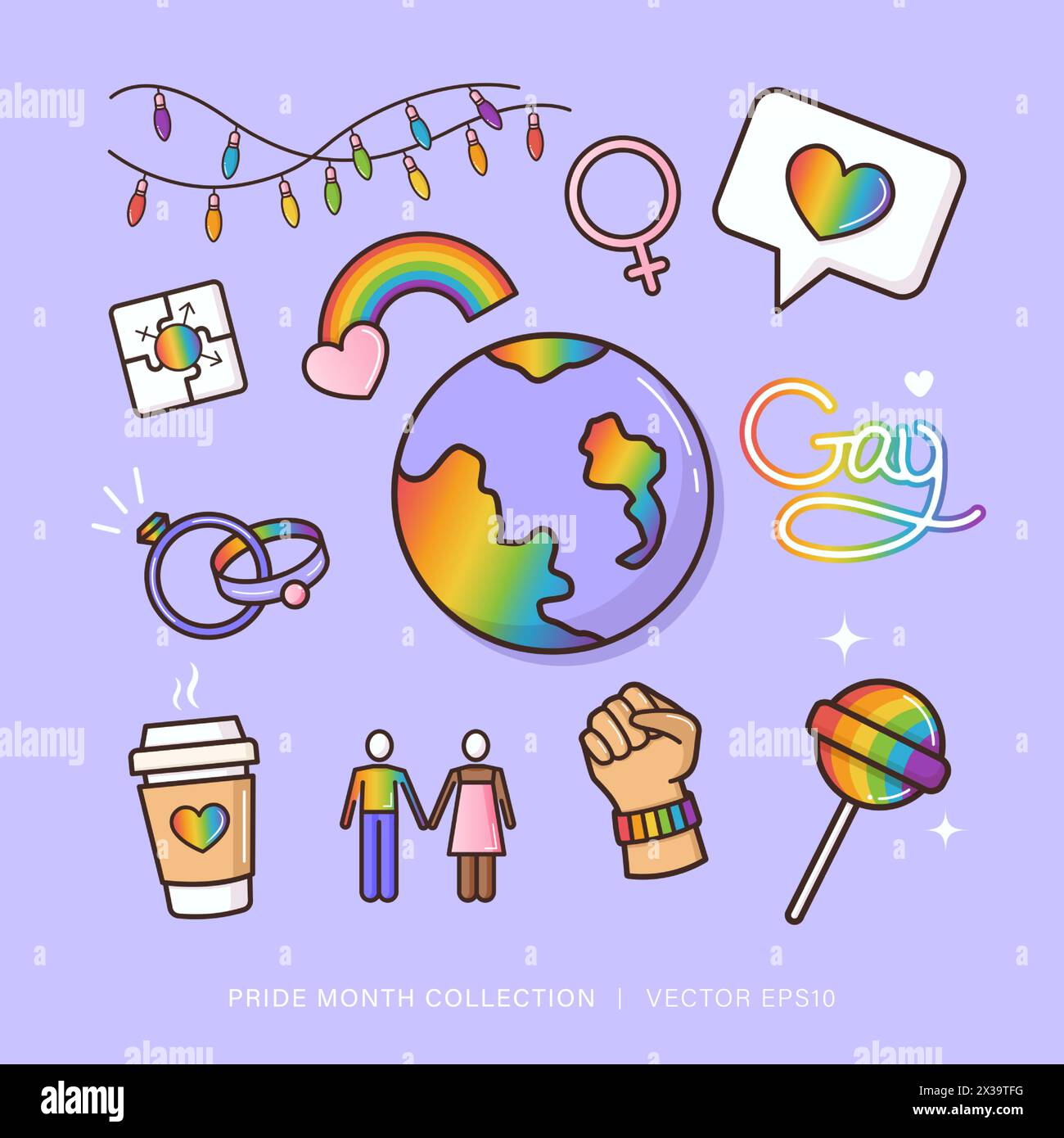 Gay pride month rainbow color decoration element set, celebrate diversity with LGBTQ symbols, isolated vector design in purple background Stock Vector
