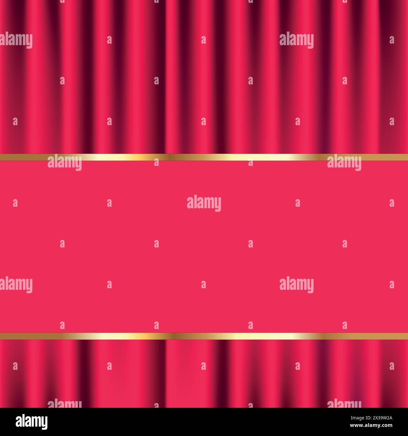 Red curtain on stage background with golden frame for text. Velvet stage curtain in theater scene or cinema. Vector illustration Stock Vector
