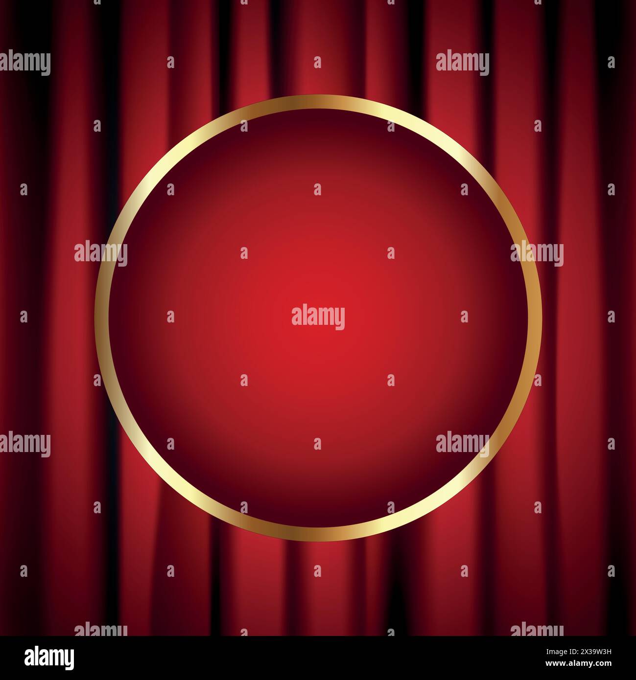 Red curtain on stage background with round golden frame for text. Velvet stage curtain in theater scene or cinema. Vector illustration Stock Vector