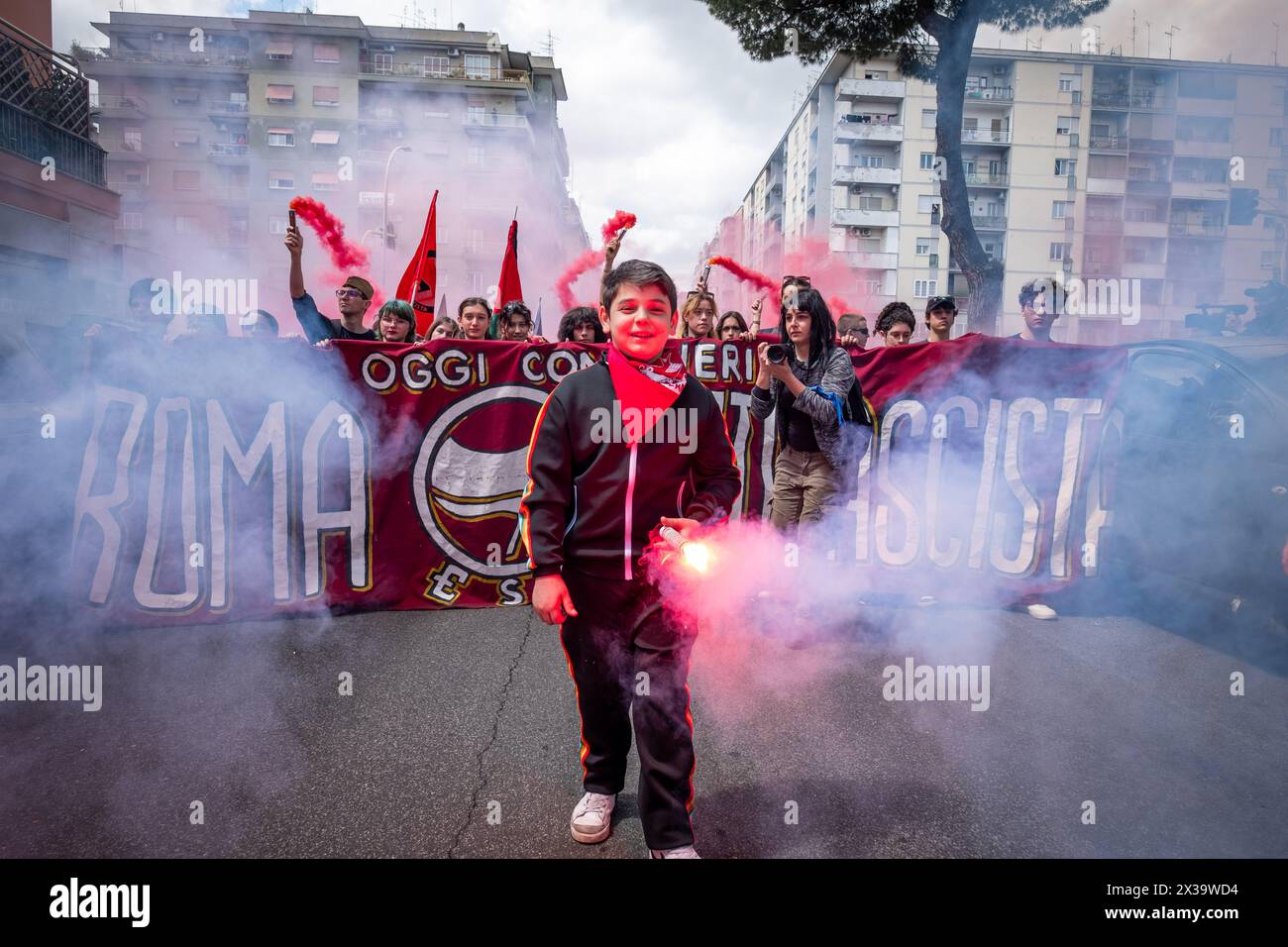 Rome, Italy. 25th Apr, 2024. Thousands of citizens gathered on the streets to take part in a march to celebrate the 79th anniversary of Liberation Day from nazism and fascism, April 25th 1945. (Credit Image: © Marco Di Gianvito/ZUMA Press Wire) EDITORIAL USAGE ONLY! Not for Commercial USAGE! Stock Photo