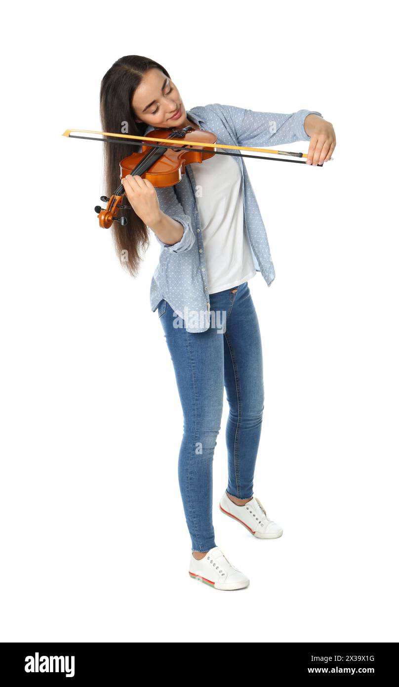 Beautiful woman playing violin on white background Stock Photo - Alamy