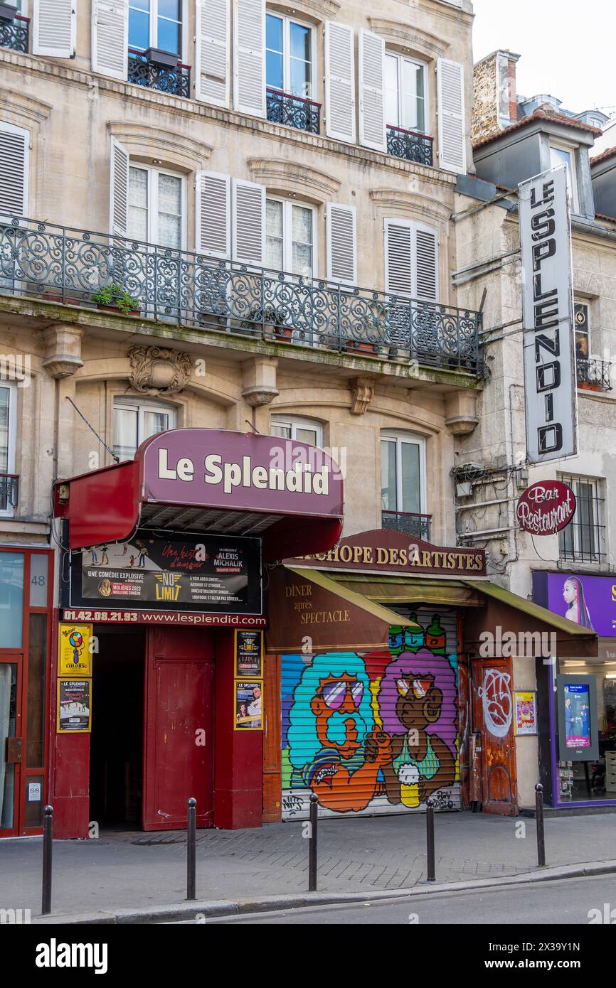 Exterior view of the Théâtre du Splendid, a Parisian theater located on rue du Faubourg-Saint-Martin, in the 10th arrondissement of Paris, France Stock Photo