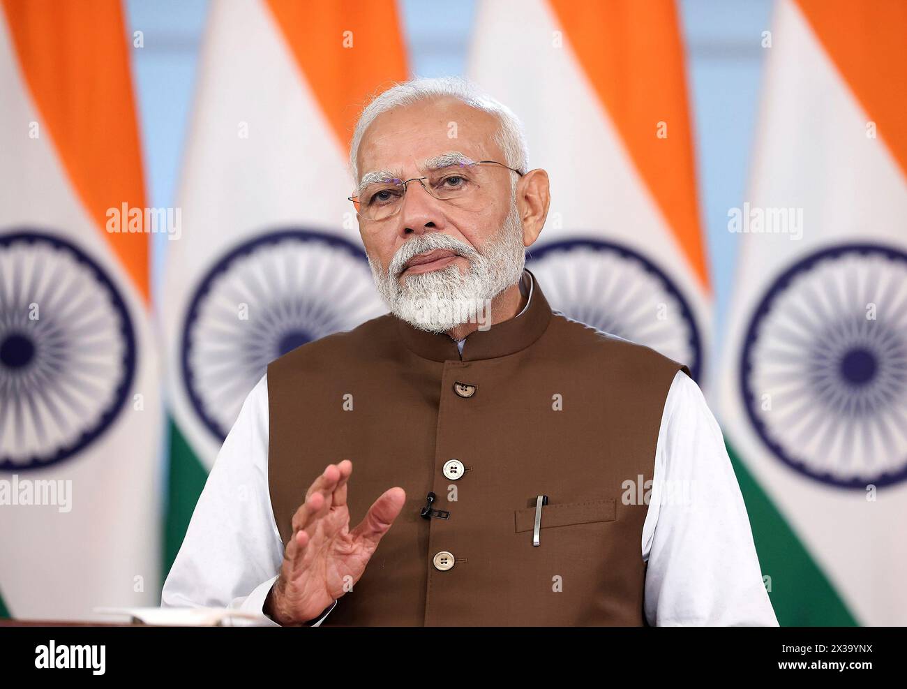 New Delhi, India. 24th Apr, 2024. Indian Prime Minister Narendra Modi delivers remarks via video link to the 6th annual International Conference on Disaster Resilient Infrastructure, April 24, 2024, in New Delhi, India. Credit: PIB Photo/Press Information Bureau/Alamy Live News Stock Photo