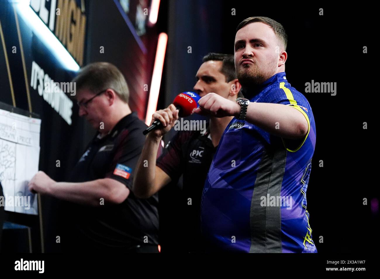 Luke Littler celebrates during his match against Gerwyn Price (not pictured) on night thirteen of the 2024 BetMGM Premier League at the M&S Bank Arena, Liverpool. Picture date: Thursday April 25, 2024. Stock Photo