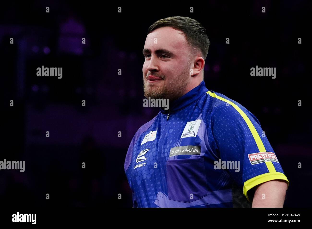 Luke Littler after winning his match against Gerwyn Price (not pictured) on night thirteen of the 2024 BetMGM Premier League at the M&S Bank Arena, Liverpool. Picture date: Thursday April 25, 2024. Stock Photo