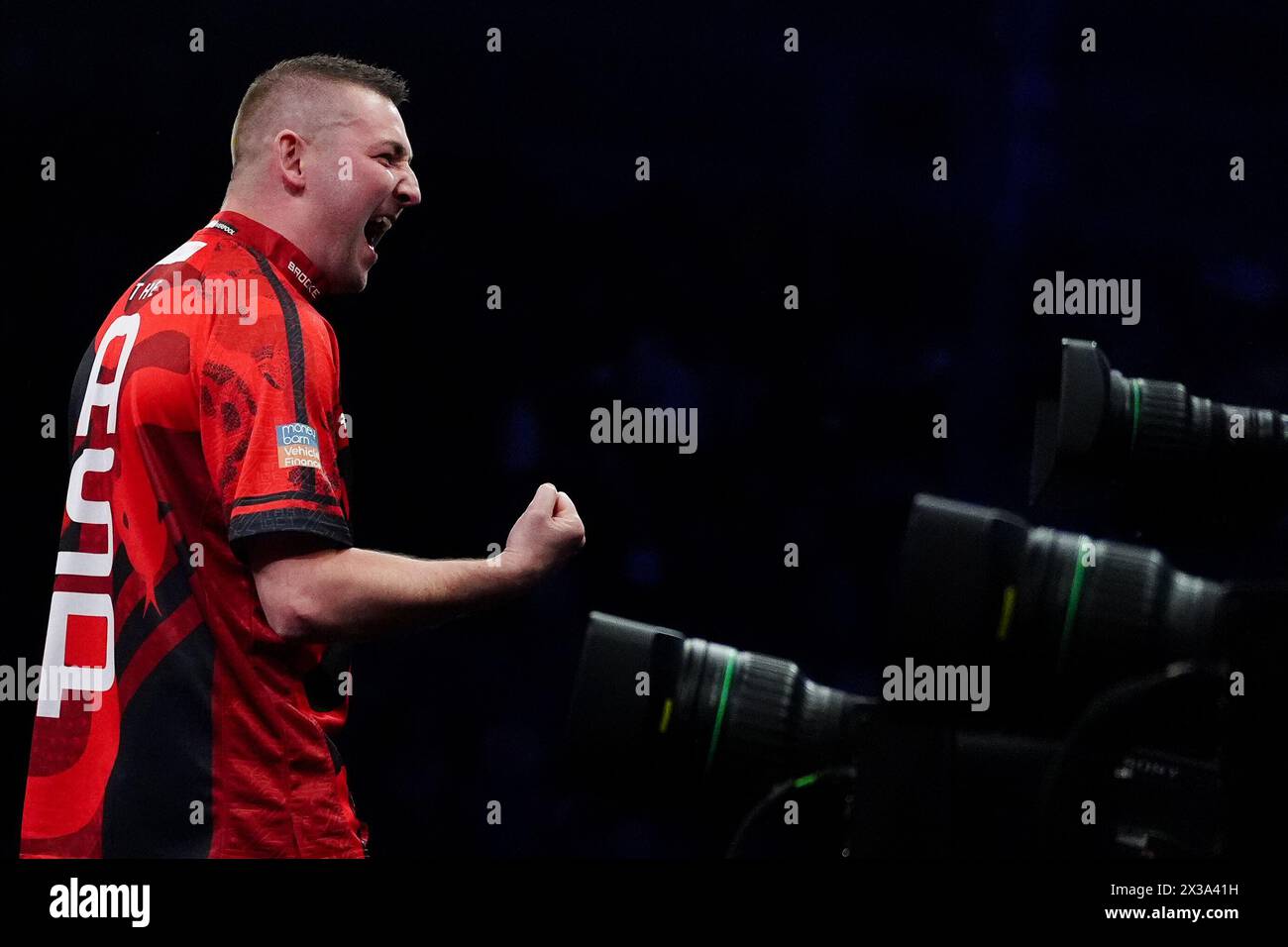 Nathan Aspinall celebrates after beating Luke Humphries (not pictured) on night thirteen of the 2024 BetMGM Premier League at the M&S Bank Arena, Liverpool. Picture date: Thursday April 25, 2024. Stock Photo