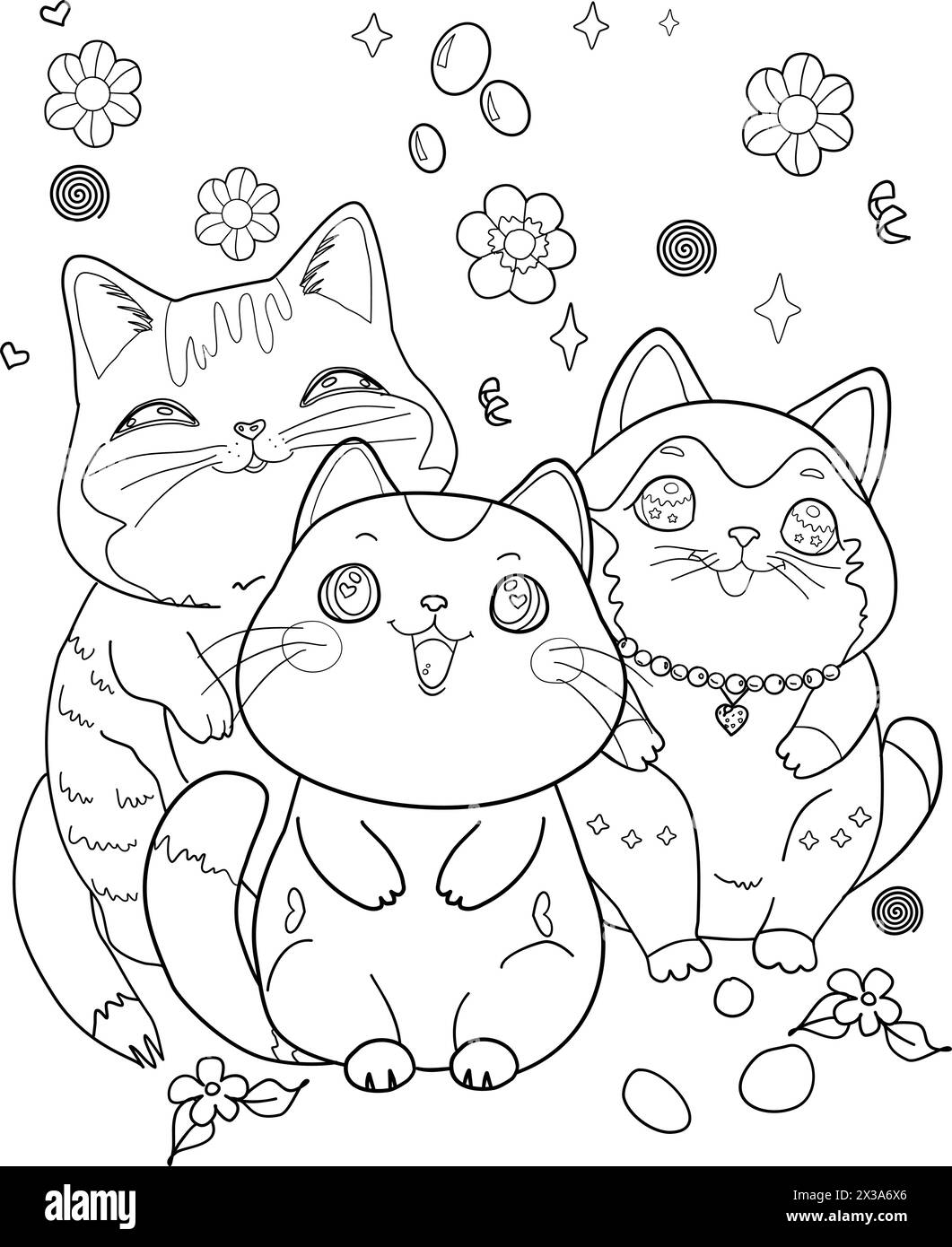 cats cartoon ,kawaii coloring page for kids and adult Stock Vector
