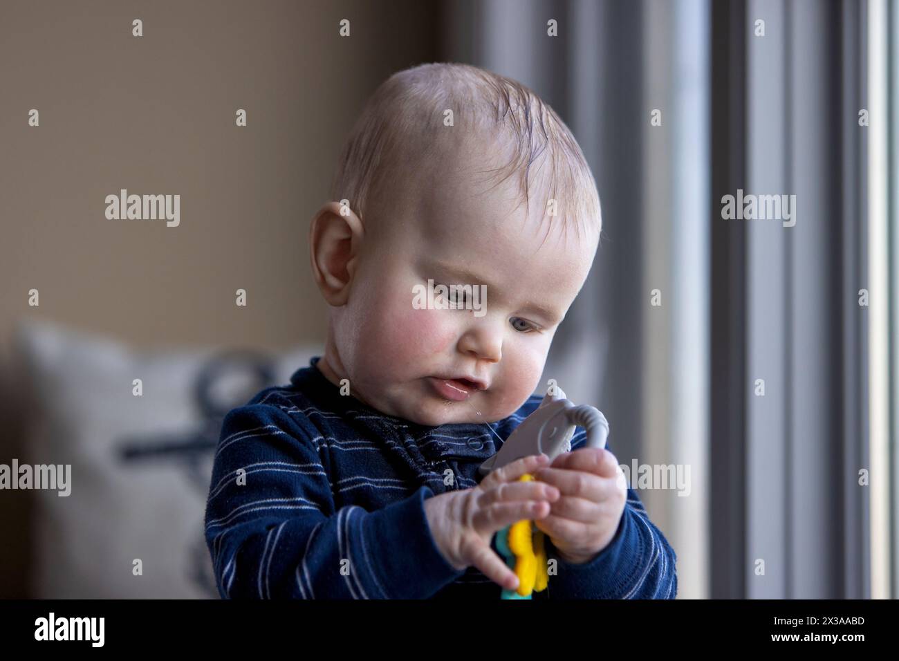 Six month old baby boy playing with a toy in his hands Stock Photo - Alamy