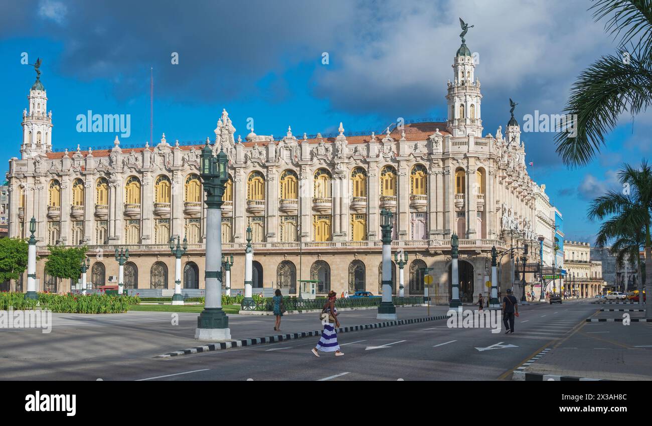 A view along Paseo de Marti, of the baroque revival, Alicia Alonso Grand Theatre of Havana, in central Cuba Stock Photo