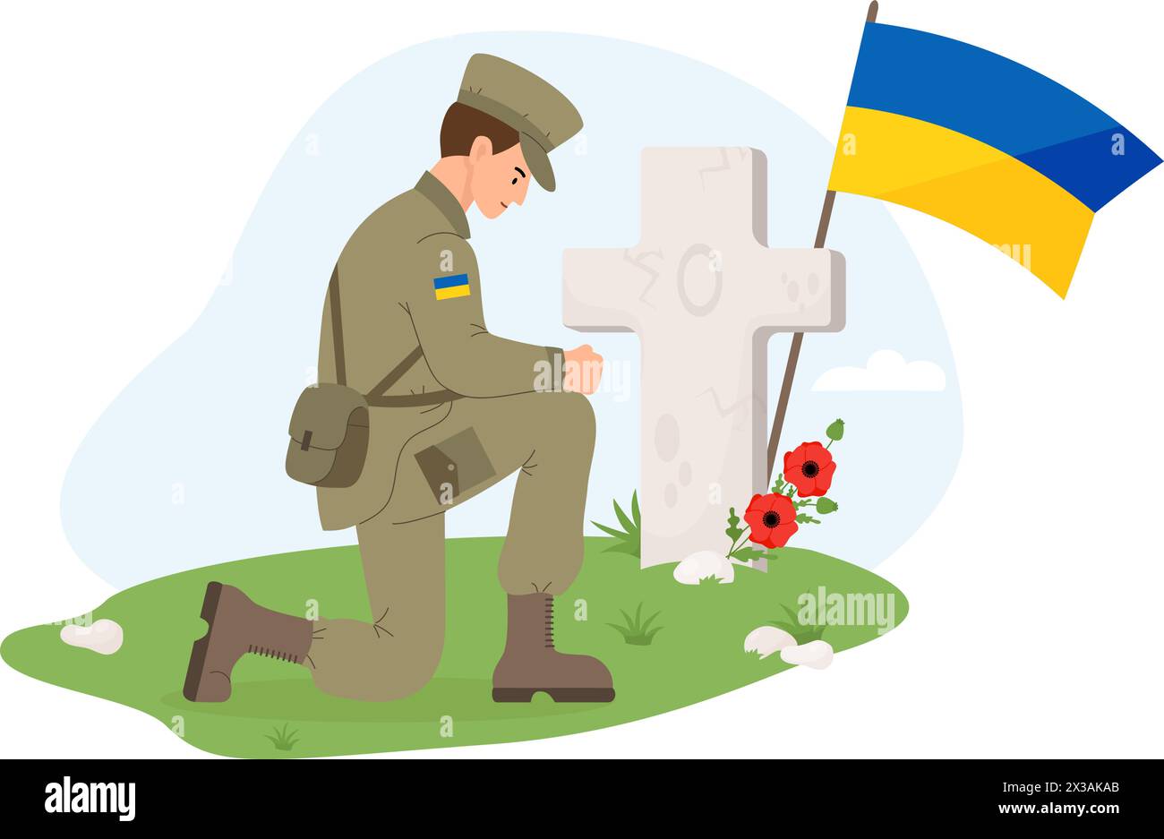 Military soldier on one knee in front of grave cross with yellow-blue ...