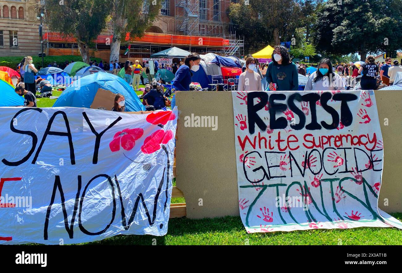 Los Angeles, USA. 25th April, 2024. A sign reading 'Resist white supremacy, genocide, Zionsim' at an encampment protesting the war in Gaza established Stock Photo