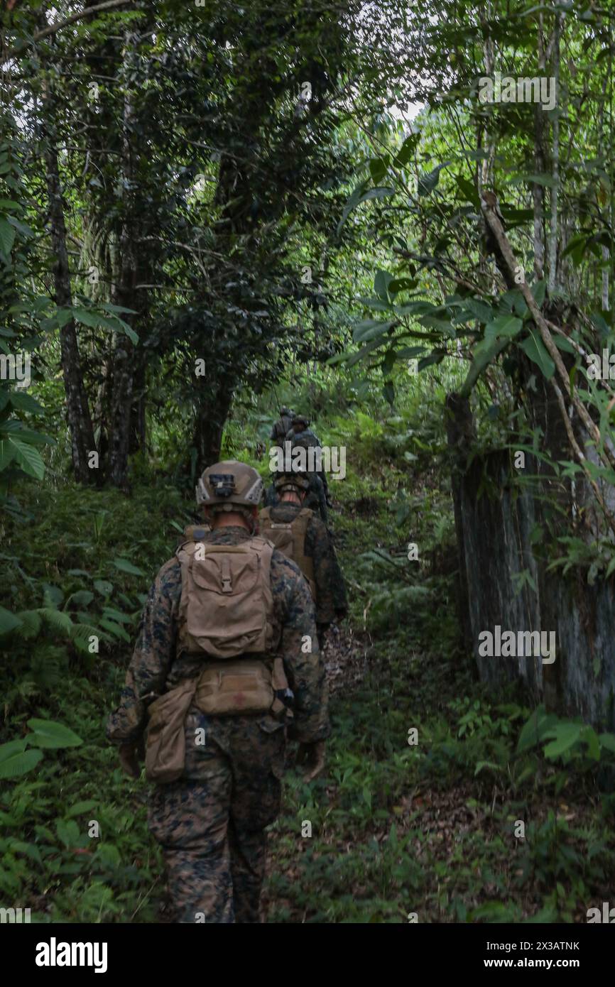 U.S. Marines with Echo Company, 2nd Battalion, 1st Marine Regiment, 1st Marine Division, alongside Philippine marines with the 1st Marine Brigade, conduct a jungle patrol during Marine Exercise 2024 near Cotabato City, Mindanao, Philippines, April 9, 2024. MAREX 2024 is a bilateral exercise between the U.S. Marine Corps and the Philippine Marine Corps designed to further enhance relationships, interoperability, and combined arms capabilities in a realistic training environment. (U.S. Marine Corps photo by Lance Cpl. Andrew Whistler) Stock Photo