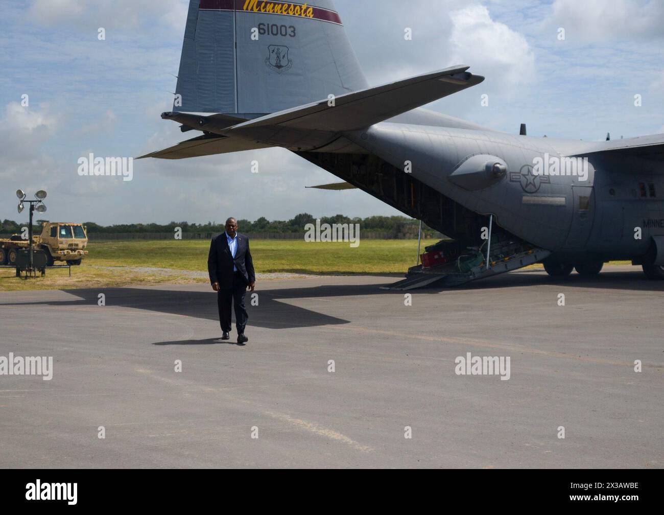 U.S. Secretary of Defense Lloyd Austin arrives at Magagoni Airfield, Kenya, to visit with U.S. and Kenyan officials on one of his stops through the Horn of Africa. Austin visited the service members on Sept. 26, 2023, in order to build on and advance the relationship between U.S. and Kenyan forces. (U.S. Army photo by Sgt. Samuel Miller) Stock Photo