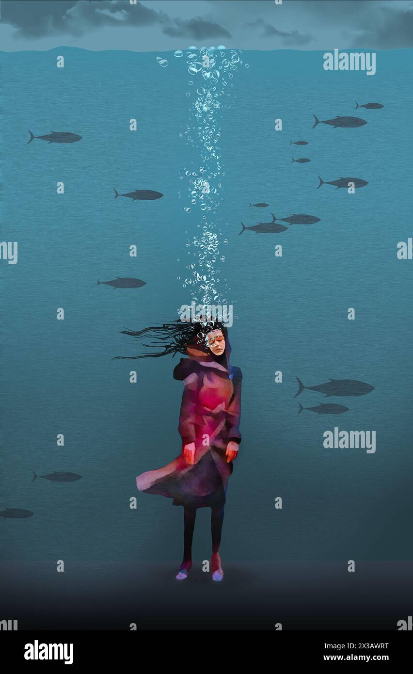 A girl is drowning in sorrow and is underwater as he last breaths bubble to the surface in a 3-d illustration about dealing with problems. Stock Photo