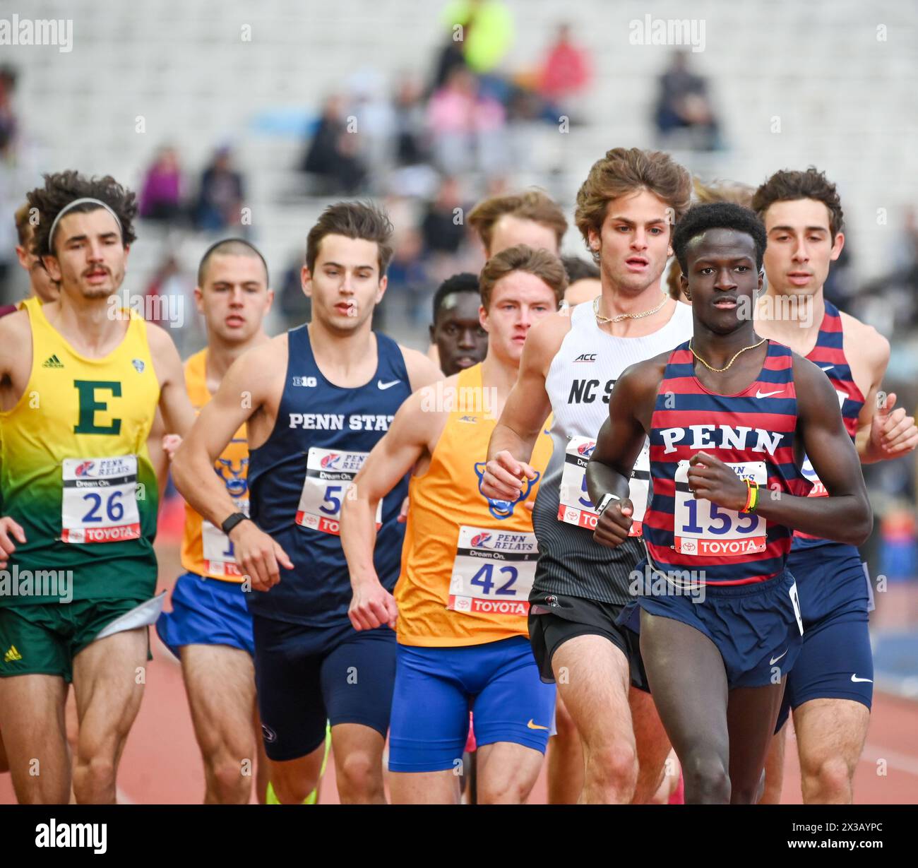 Philadelphia, Pennsylvania, USA. 25th Apr, 2024. April 25, 2024, Philadelphia PA, USA: Day one of the 128th running of the historic Penn Relays held at Franklin Field in Philadelphia PA College men competing in the college men's 1500 meters race Credit Image: © Ricky Fitchett via ZUMA Wire (Credit Image: © Ricky Fitchett/ZUMA Press Wire) EDITORIAL USAGE ONLY! Not for Commercial USAGE! Stock Photo