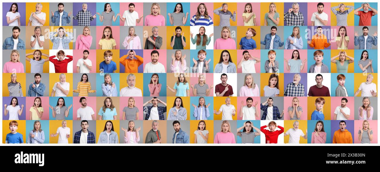 Collage with photos of surprised people on different color backgrounds ...
