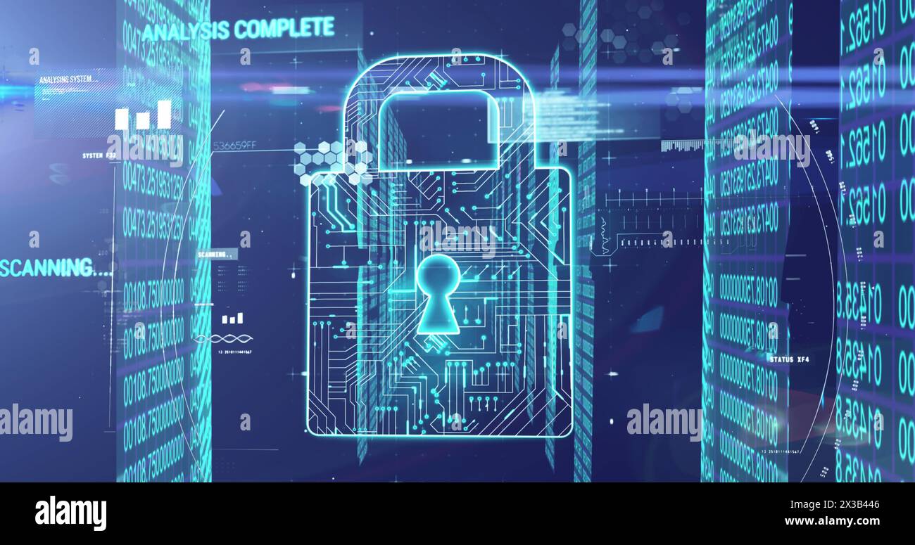 Image of online security padlock and data processing Stock Photo