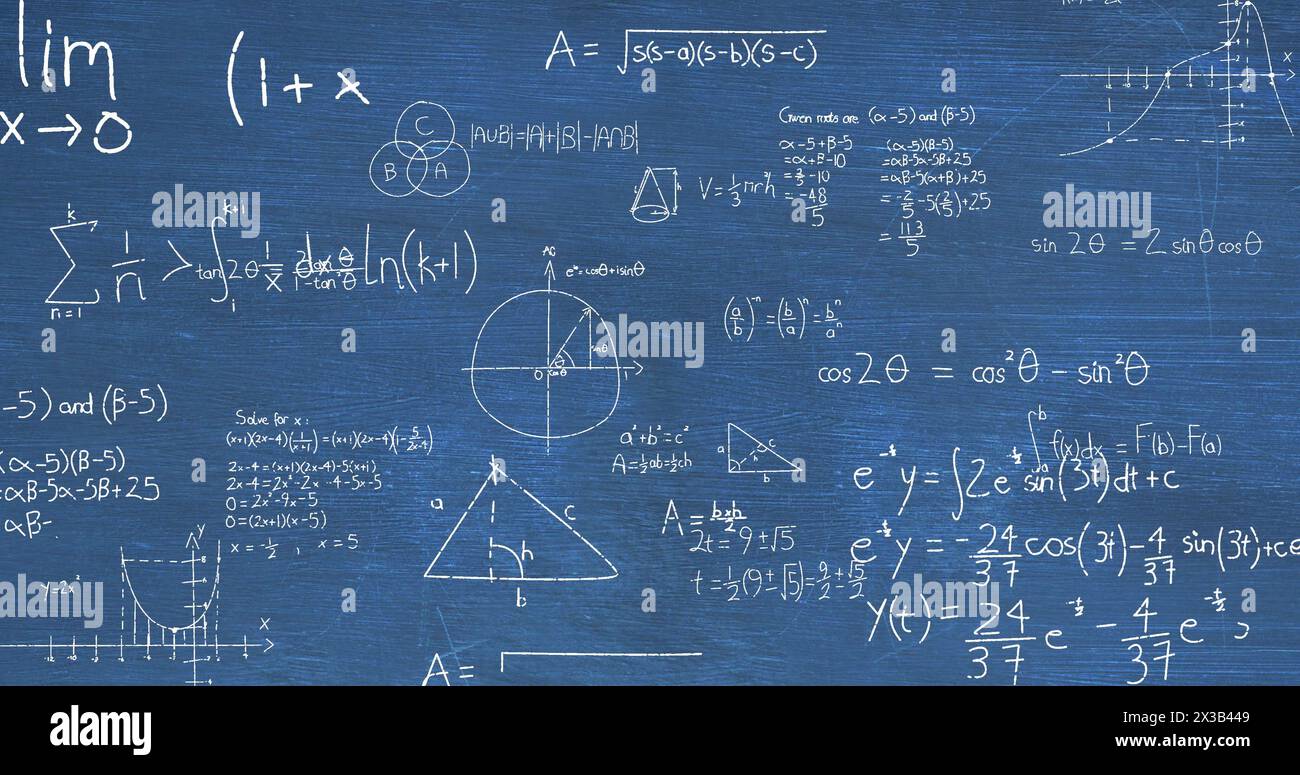 Image of mathematical data processing over blue background Stock Photo